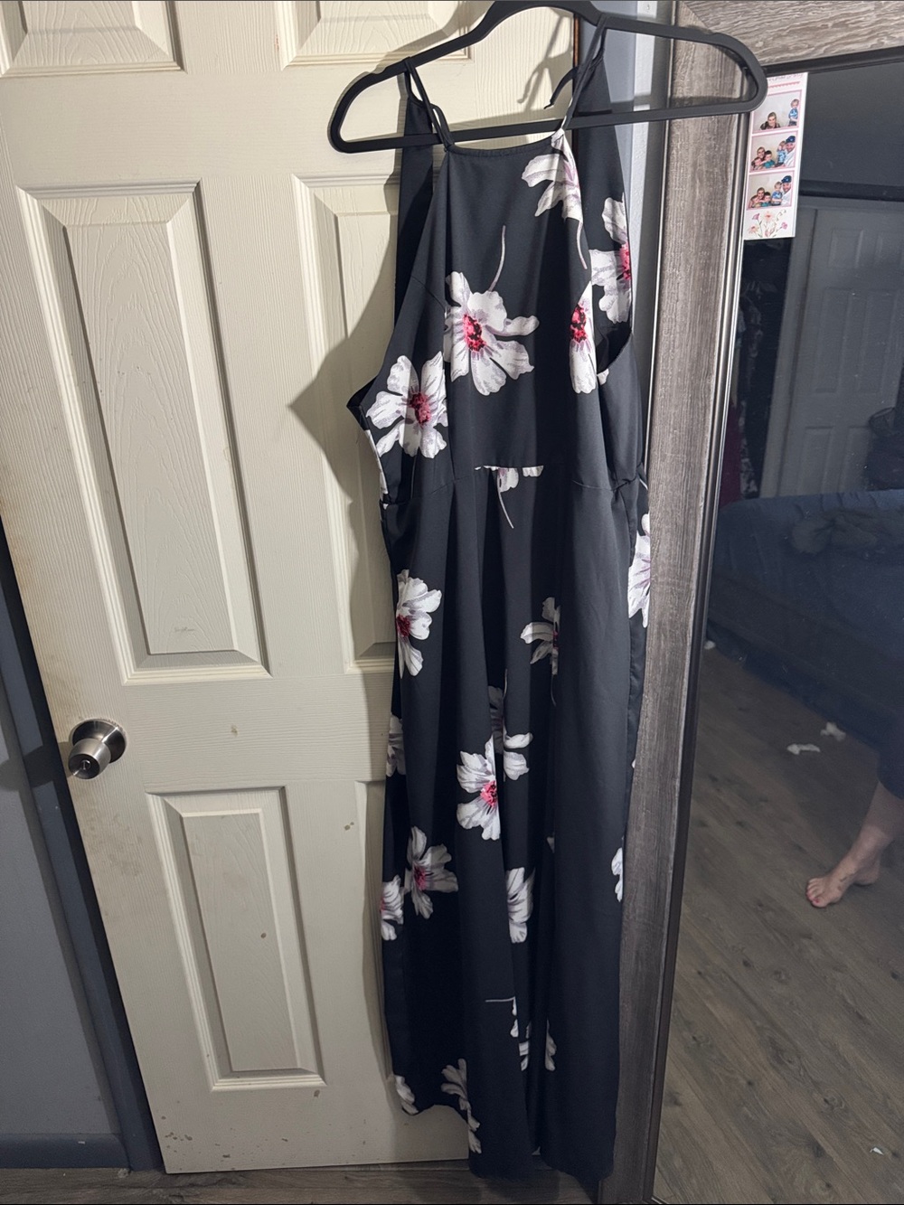 Black Floral Halter Maxi Dress with White and Pink Blooms